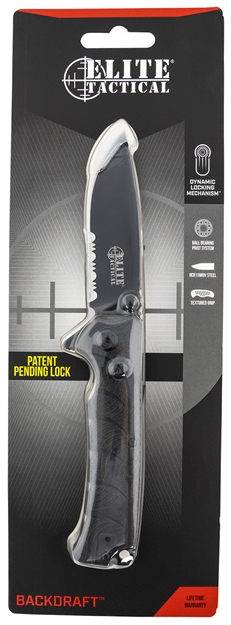 Picture of  Elite Tactical Etfdr011bksc Backdraft  3.50" Folding Drop Point Part Serrated Black 8Cr13mov SS Blade/Black Gfn Handle Features Clamshell Packaging Includes Pocket Clip
