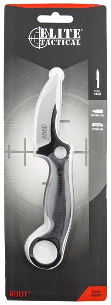 Picture of  Elite Tactical Etfix007bkcs Rout  3.25" Fixed Persian Plain Black Satin D2 Steel Blade/ Black Textured W/Finger Ring & Thumb Hole Polymer Handle Features Clamshell Packaging Includes Sheath
