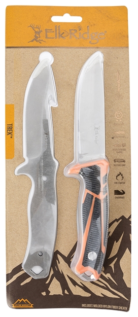Picture of  Elk Ridge Ertkfix001cs Trek Interchangeable Blades 4.50" Fixed Gut Hook/Drop Point Plain Satin 8Cr13mov SS Blade/ Black/Orange Tpr Handle Features Clamshell Packaging Includes Sheath
