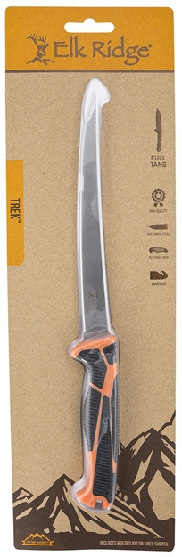 Picture of  Elk Ridge Ertkfix002cs Trek  7" Fixed Fillet Plain Satin 5Cr15mov SS Blade/ Black/Orange Tpr Handle Features Clamshell Packaging Includes Sheath