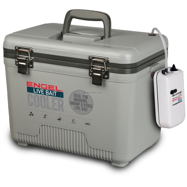Picture of Engel Live Bait Cooler 13 QT - 2X2 Aerator Pump, Air Tube, Air Stone, DC Cord, Shoulder Strap & Net - Gray