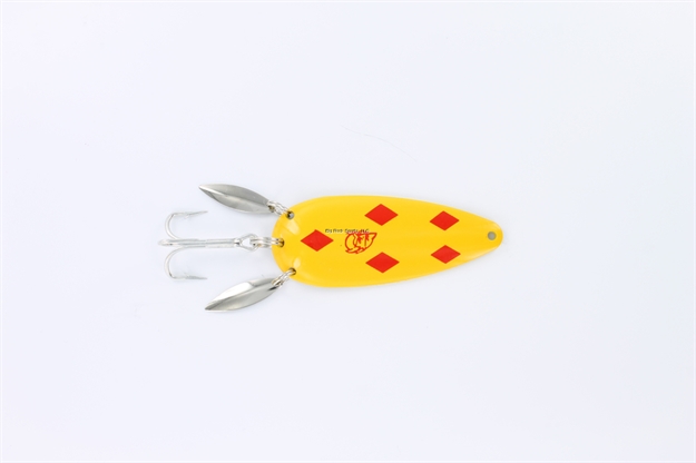 Picture of Eppinger Dardevlet Klicker Spoon, 2 7/8", 3/4 Oz, Yellow/Red Diamonds, Brass Back