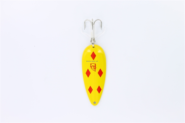Picture of Eppinger Dardevlet Spoon, 2 7/8", 3/4 Oz, Yellow/Red Diamonds, Brass Back 117Pwg