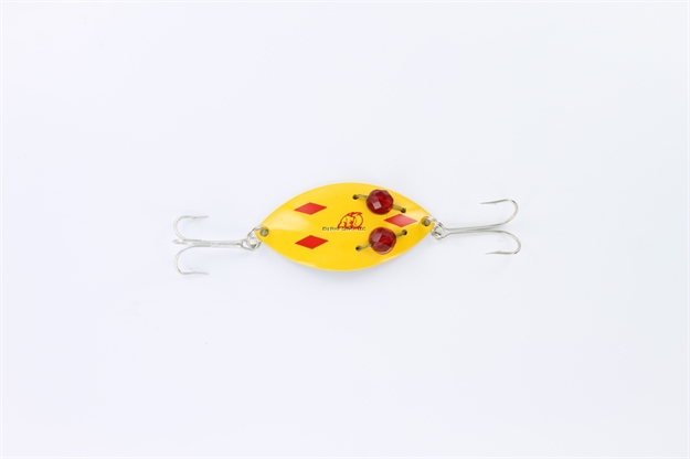 Picture of Eppinger Red Eye Wiggler Spoon, 2 1/4", 1/2 Oz, Yellow/Red Diamonds, Brass Back