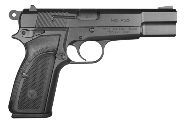 Picture of  Eaa Girsan 390450 MC P35  9Mm Luger 15+1, 4.87" Black Steel Barrel, Black Serrated Steel Slide, Matte Black Steel Frame Black, Checkered Polymer Grip, Ambidextrous