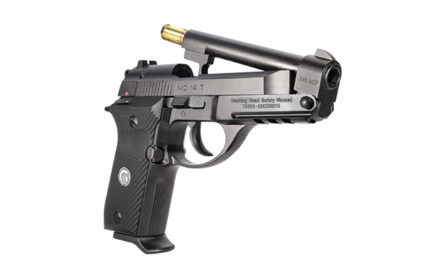 Picture of  Eaa Girsan 390850 MC 14T Solution Compact Frame 380 Acp 13+1, 4.50" Black Steel Tip-Up Barrel, Serrated Steel Slide & Aluminum Frame W/Picatinny Rail, Black Checkered Polymer Grip Ambidextrous