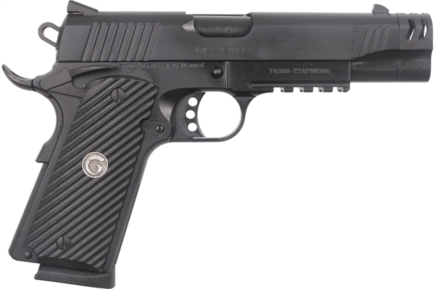 Picture of  Eaa Girsan 390076 Mc1911 C 45 Acp 9+1 4.40" Black Compensated Barrel, Blued Serrated Slide, Black Steel Frame W/Accessory Rail & Beavertail, Black Checkered Polymer Grips Ambidextrous 741566905339
