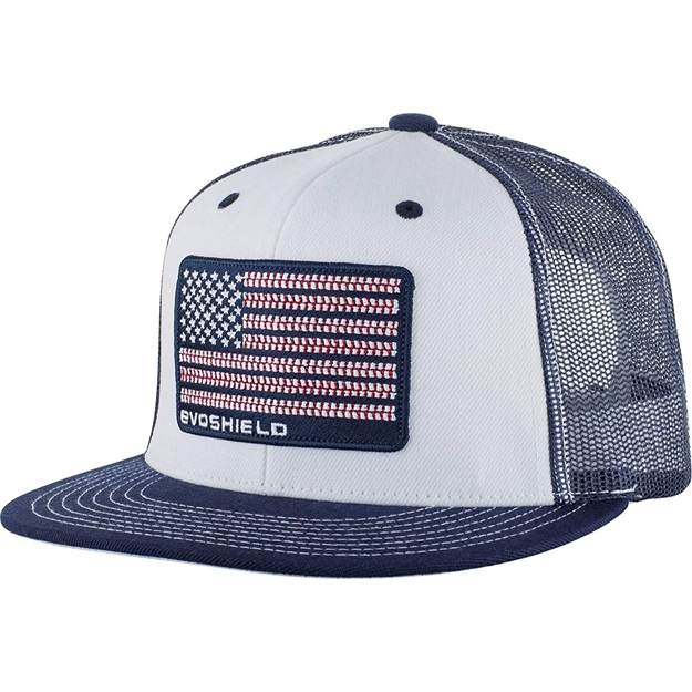 Picture of Evoshield Flag Patch Snapback Trucker Hat-White/Navy Mesh