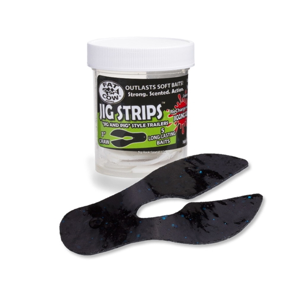 Picture of Fat Cow Jig Strips "Jig And Pig" Style Trailers 3" Craw - Scented (5Ct)- Black Blue Fleck