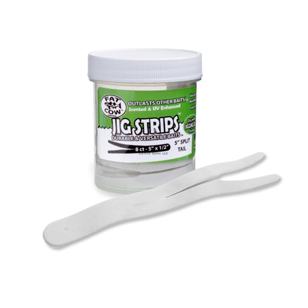Picture of Fat Cow Jig Strips Split Tail 5" X 1/2" Scented  (8Ct) - Ghost White
