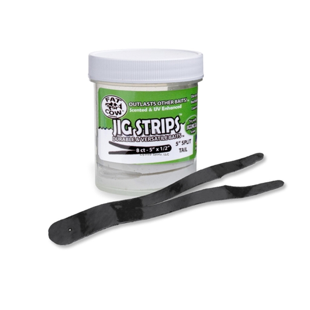 Picture of Fat Cow Jig Strips Split Tail 5" X 1/2" Scented  (8Ct)- Black