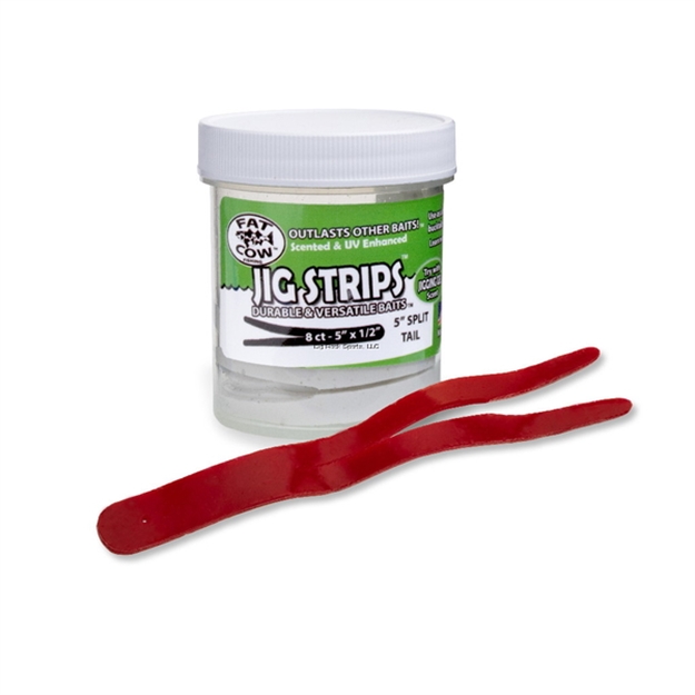 Picture of Fat Cow Jig Strips Split Tail 5" X 1/2" Scented  (8Ct)- Blood Red