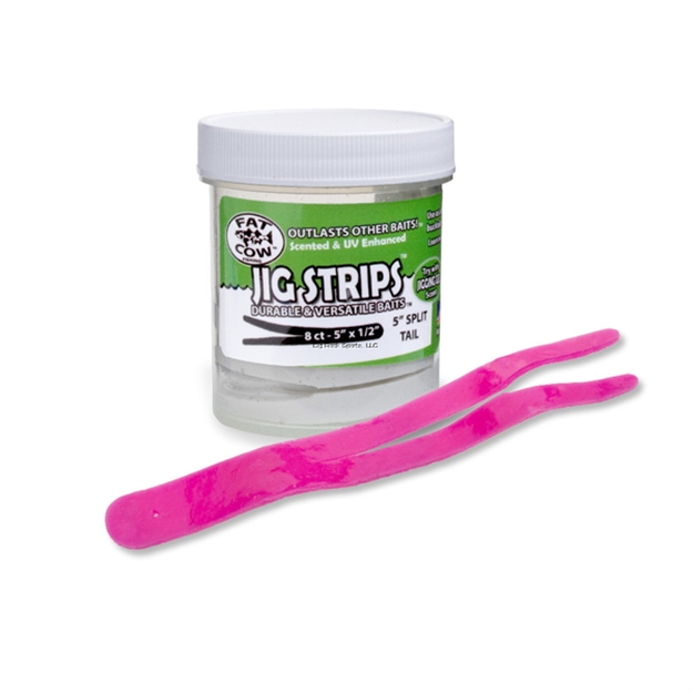 Picture of Fat Cow Jig Strips Split Tail 5" X 1/2" Scented  (8Ct)- Hot Bubblegum