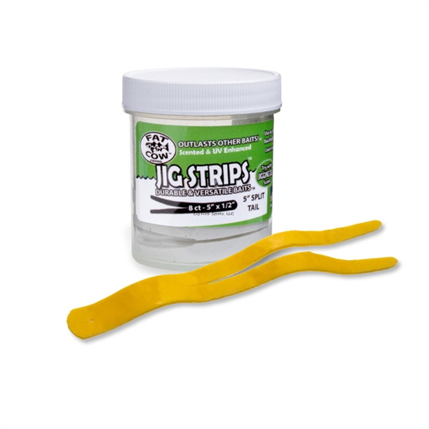 Picture of Fat Cow Jig Strips Split Tail 5" X 1/2" Scented  (8Ct)- Yellow