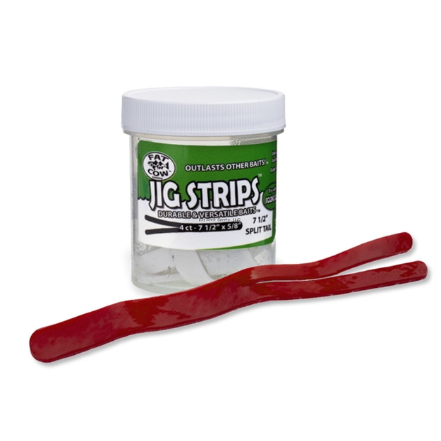 Picture of Fat Cow Jig Strips Split Tail 7 1/2" X 5/8" Scented (4Ct)- Blood Red