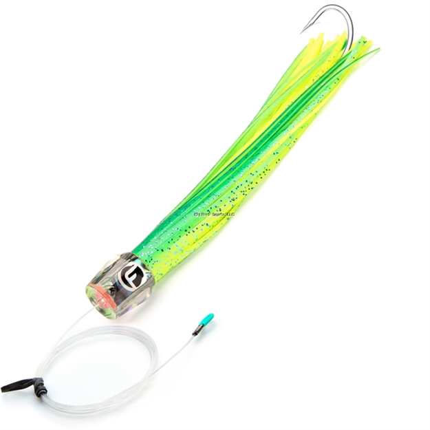 Picture of Fathom Half-Pint MO Head Chugger Extra Small 6" Natural Paua Green. Pre-Rigged 8' 100# Mono 7/0 Stainless Hook
