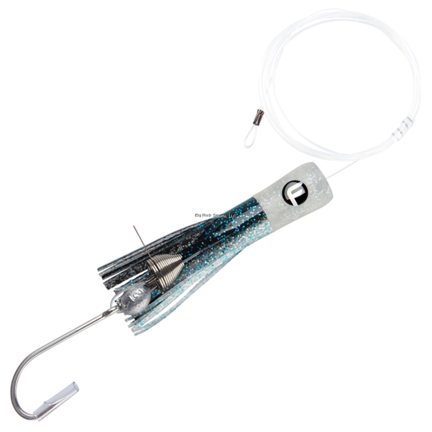 Picture of Fathom Mini Soft Chugger 4" Glitter Head Black Clear, Blue Fleck. Pre-Rigged 6' 100# Mono, Stainless 7/0 Long Shank