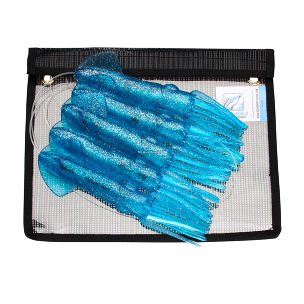 Picture of Fathom SR Squid Chain. 5 Blue With Silver Fleck Body 12" Squids. Pre-Rigged ON 10', 250# Mono, Mesh Bag