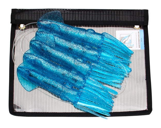 Picture of Fathom SR Squid Chain. 5 Blue With Silver Fleck Body 9" Squids. Pre-Rigged ON 10', 250# Mono, Mesh Bag