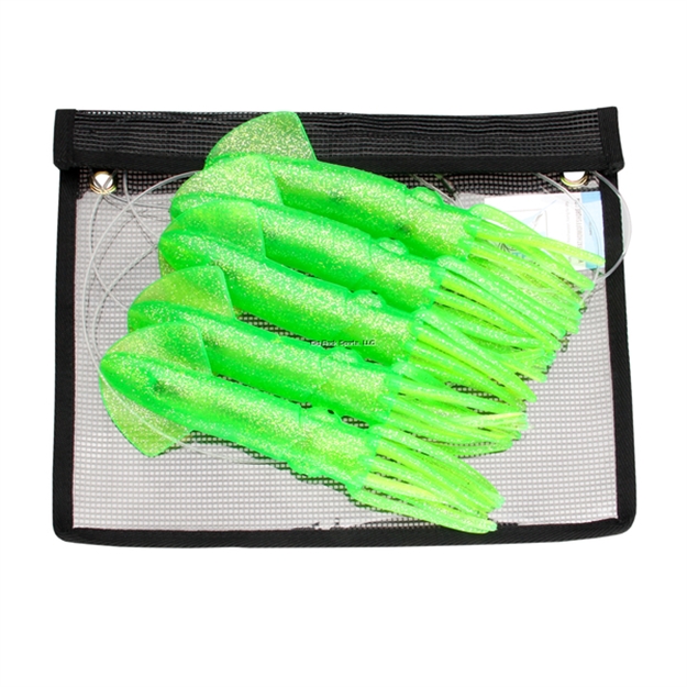 Picture of Fathom SR Squid Chain. 5 Green With Silver Fleck Body 12" Squids. Pre-Rigged ON 10', 250# Mono, Mesh Bag
