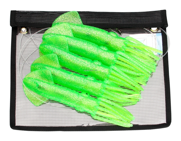 Picture of Fathom SR Squid Chain. 5 Green With Silver Fleck Body 9" Squids. Pre-Rigged ON 10', 250# Mono, Mesh Bag