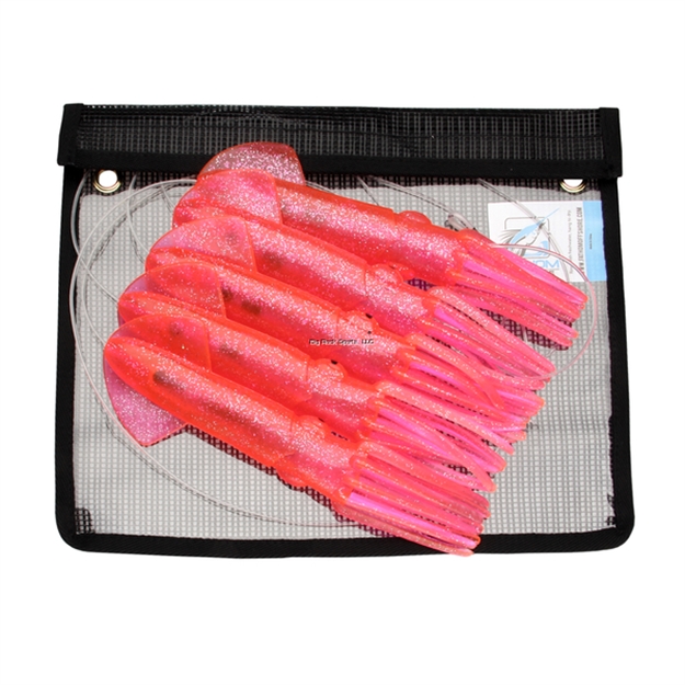 Picture of Fathom SR Squid Chain. 5 Pink With Silver Fleck Body 7" Squids. Pre-Rigged ON 8', 150# Mono, Mesh Bag