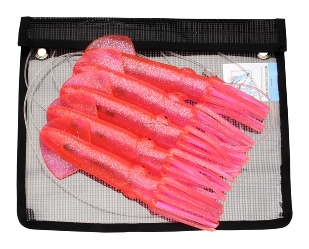 Picture of Fathom SR Squid Chain. 5 Pink With Silver Fleck Body 9" Squids. Pre-Rigged ON 10', 250# Mono, Mesh Bag