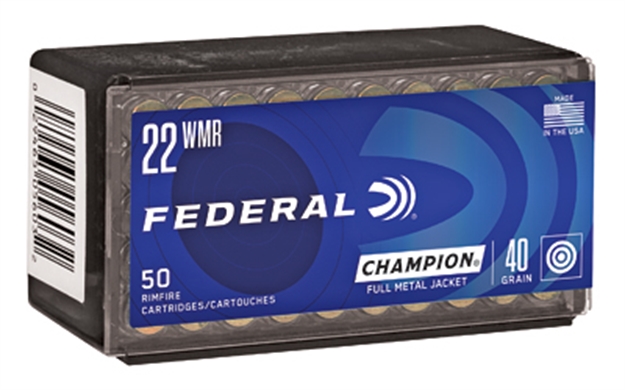 Picture of Federal Champion Rimfire Rifle Ammo 22 Wmr, Fmj, 40 Grains, 1880 Fps, 50 Rounds, Boxed 737 029465056032