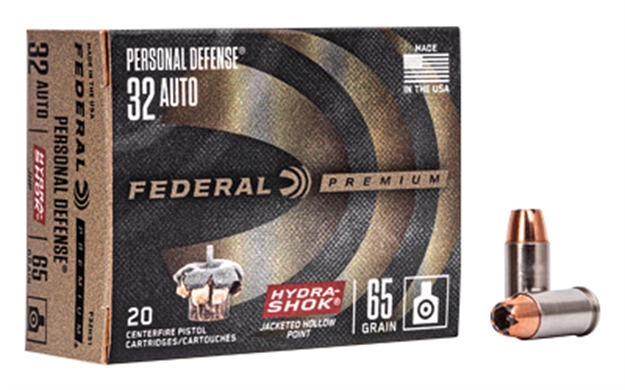 Picture of  Federal P32hs1 Premium Personal Defense 32Acp 65Gr Hydra-Shok Jacketed Hollow Point 20 Per Box/25 Case 029465091965