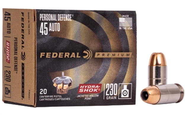 Picture of  Federal P45hs1 Premium Personal Defense 45Acp 230Gr Hydra-Shok Jacketed Hollow Point 20 Per Box/25 Case