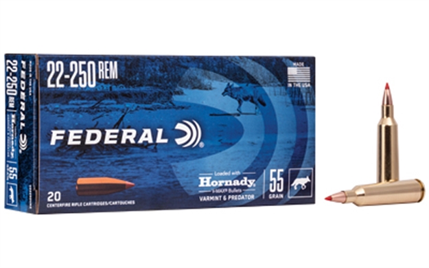Picture of  Federal V22250vm2 Varmint & Predator  22-250Rem 55Gr Hornady V-Max 20 Per Box/10 Case 604544662566