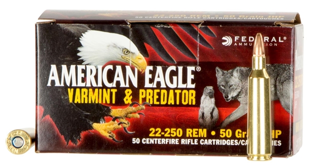 Picture of  Federal Ae2225050vp American Eagle Varmint & Predator 22-250Rem 50Gr Jacketed Hollow Point 50 Per Box/5 Case 604544617399