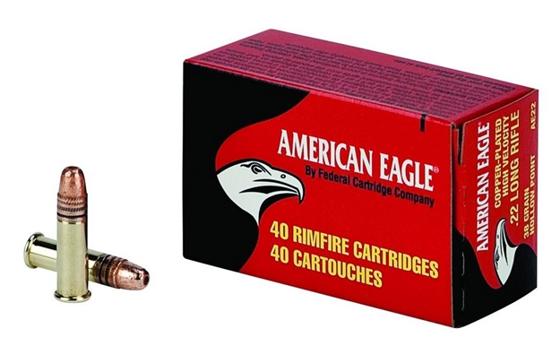 Picture of Federal American Eagle Rimfire Rifle Ammo 22 Lr, Copper Plated Hp, 38 Grains, 1260 Fps, 40 Rounds, Boxed 029465016845 -