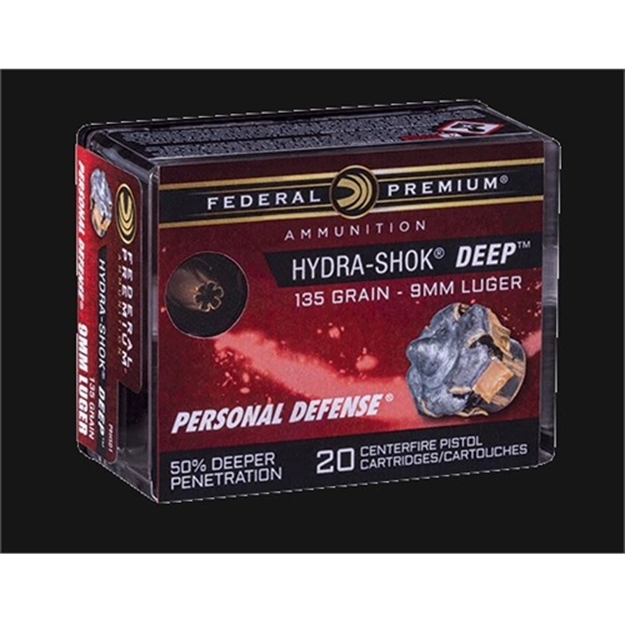 Picture of  Federal P9hsd1 Premium Personal Defense 9Mmluger 135Gr Hydra-Shok Deep Hollow Point 20 Per Box/10 Case 604544637083