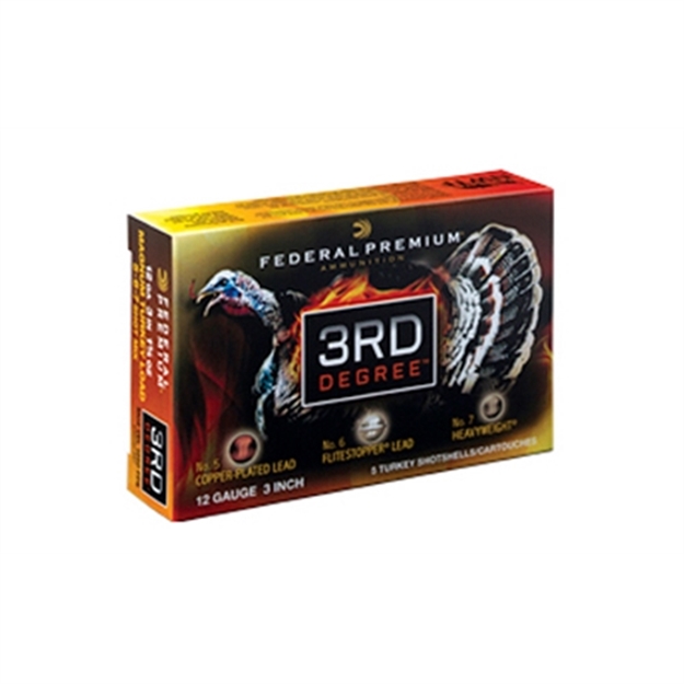 Picture of Federal 3Rd Degree Turkey Shotshell W/ Flight Control Flex Wad 12 GA 3" 1 3/4Oz 5, 6, 7 Shot 1250 Fps 5 Rnd Per Box PTDX157 567 604544626612