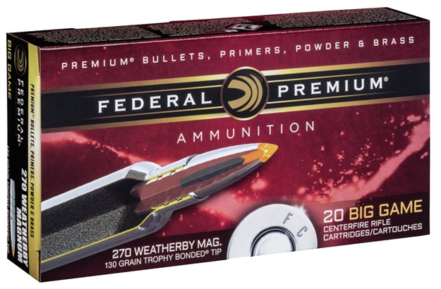 Picture of Federal P270wbtt1 Premium  
270 Weatherby Magnum 130 GR Trophy Bonded Tip 20 Bx/ 10 CS