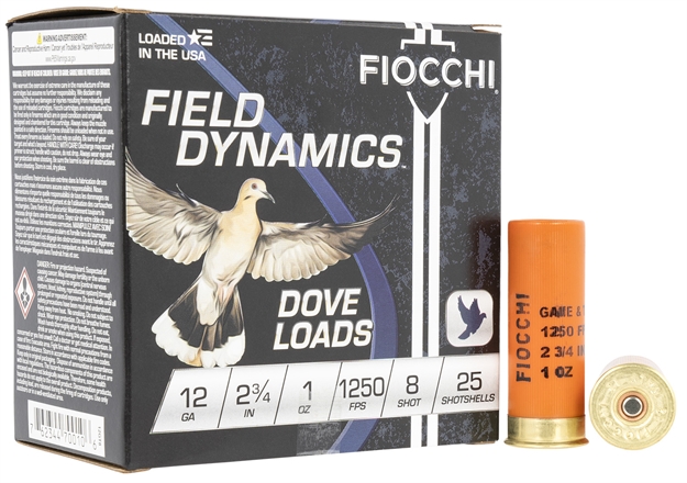 Picture of  Fiocchi 12Gt8 Field Dynamics Dove & Quail 12Gauge 2.75" 1Oz 8Shot 25 Per Box/10 Case 762344700106