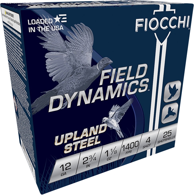 Picture of  Fiocchi 12Hvst4 Field Dynamics Upland Steel 12Gauge 2.75" 1 1/8Oz 4Shot 25 Per Box/10 Case 762344713175