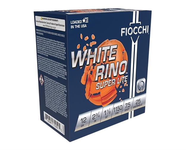 Picture of Fiocchi 12Wrsl75 Exacta Target White Rino Super Light 12Gauge 2.75" 1 1/8Oz 7.5Shot 25 Per Box/10 Case 12SCRN75 762344712512