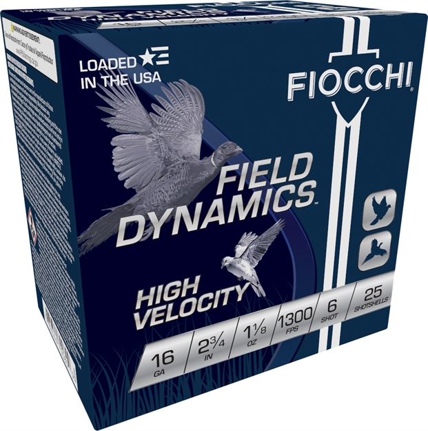 Picture of Fiocchi High-Velocity Shotshell 16 Ga, 2-3/4 In, No. 6, 1-1/8Oz, 3.13 Dr, 1300 Fps, 25 Rnd Per Box 16HV6