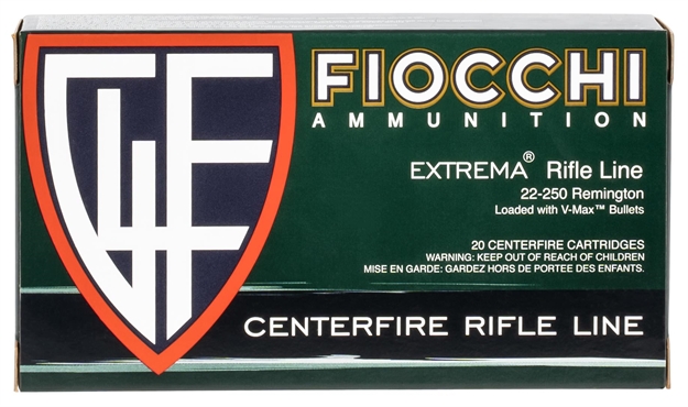 Picture of Fiocchi Centerfire Rifle Ammo 22-250 Rem,  55 Gr, V-Max Hornady, 3650 Fps, 20 Rnd 762344707426