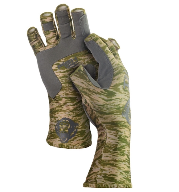 Picture of Fish Monkey Half Finger Guide Glove, Upf+50, Synthetic Leather Palm, Quick Dry Fabric, Extended Cuff, Green Water Camo L