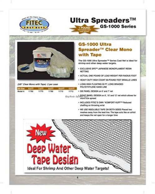 Picture of Fitec Gs1000 Ultra Spreader Cast Net Clear Mono 1/2" Mesh, W/Tape 10' 1Lb Lead Per Foot