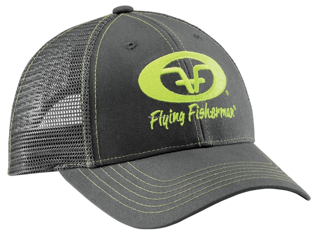 Picture of Flying Fisherman Neon Green Logo Trucker Hat, Graphite/Charcoal, Adjustable Snap Back Closure