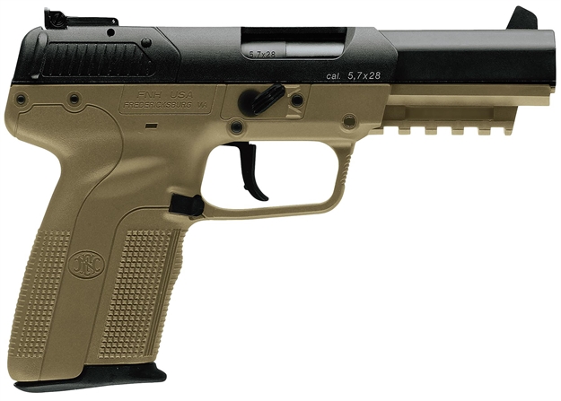 Picture of  FN 3868929352 Five-Seven *Ca Compliant 5.7X28mm 10+1 4.80" Black Steel Barrel, Black Serrated Steel Slide & Polymer Frame W/Picatinny Rail, Fde Textured Polymer Grip, Ambidextrous 845737003388