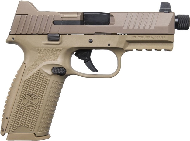 Picture of  FN 66100383 509T  9Mm Luger 10+1 4.50" Black Steel Threaded Barrel, Flat Dark Earth Optic Cut/Serrated Stainless Steel Slide, Flat Dark Earth Polymer Frame W/Picatinny Rail 845737009144