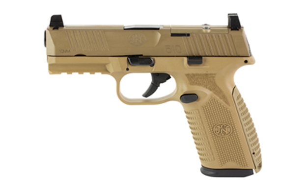 Picture of FN 66101380 510 Mrd Full Size 10Mm Auto 15+1, 4.10" Black Target Crown Steel Barrel, Flat Dark Earth Pvd Optic Cut/Serrated Steel Slide & Polymer Frame W/Picatinny Rail, Ambidextrous 66-101380