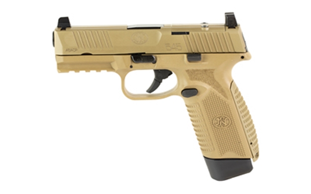 Picture of  FN 66101390 545 Mrd Full Size 45 Acp 10+1 4.10" Black Hammer Forged/Target Crown Barrel/ Flat Dark Earth Optic Cut/Serrated Slide/Flat Dark Earth Polymer Frame W/Picatinny Rail, Ambidextrous