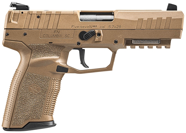 Picture of FN 66101277 Five-Seven Mrd 5.7X28mm 10+1 4.80" Black Steel Barrel, Flat Dark Earth Optic Cut/Serrated Steel Slide & Polymer Frame W/Picatinny Rail, Fde Textured Polymer Grip, Ambidextrous 66-101277 845737015138