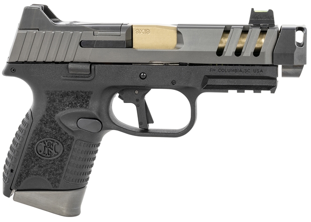 Picture of  FN 66101350 509 CC Edge 9Mm Luger 10+1 (3) 4.20" Threaded Gold Barrel, Black Frame, Graphite Optic & Lightening Cut Slide, Optic Height Fiber Optic Sights, Compensator (No Manual)